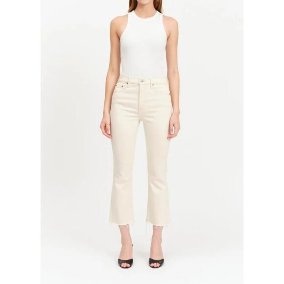 NWT Daze Shy Girl In Raw Cut-Off High Rise Crop‎ Flare Jeans Beige Womens 31 - Picture 1 of 16